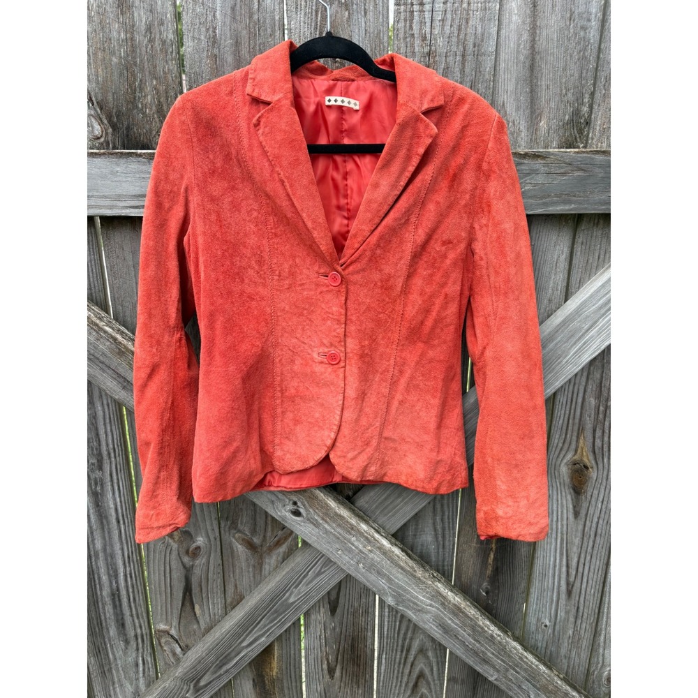 Orange Genuine Suede Leather Two Button Blazer Jacket Women Medium